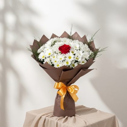 Tek Dal Beyaz Kırmızı Papatya & Gül