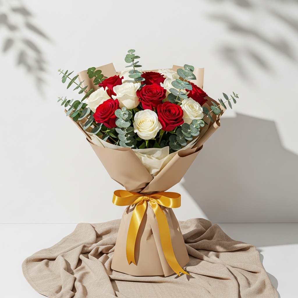11'Li Karışık Kırmızı Beyaz Gül Buketi