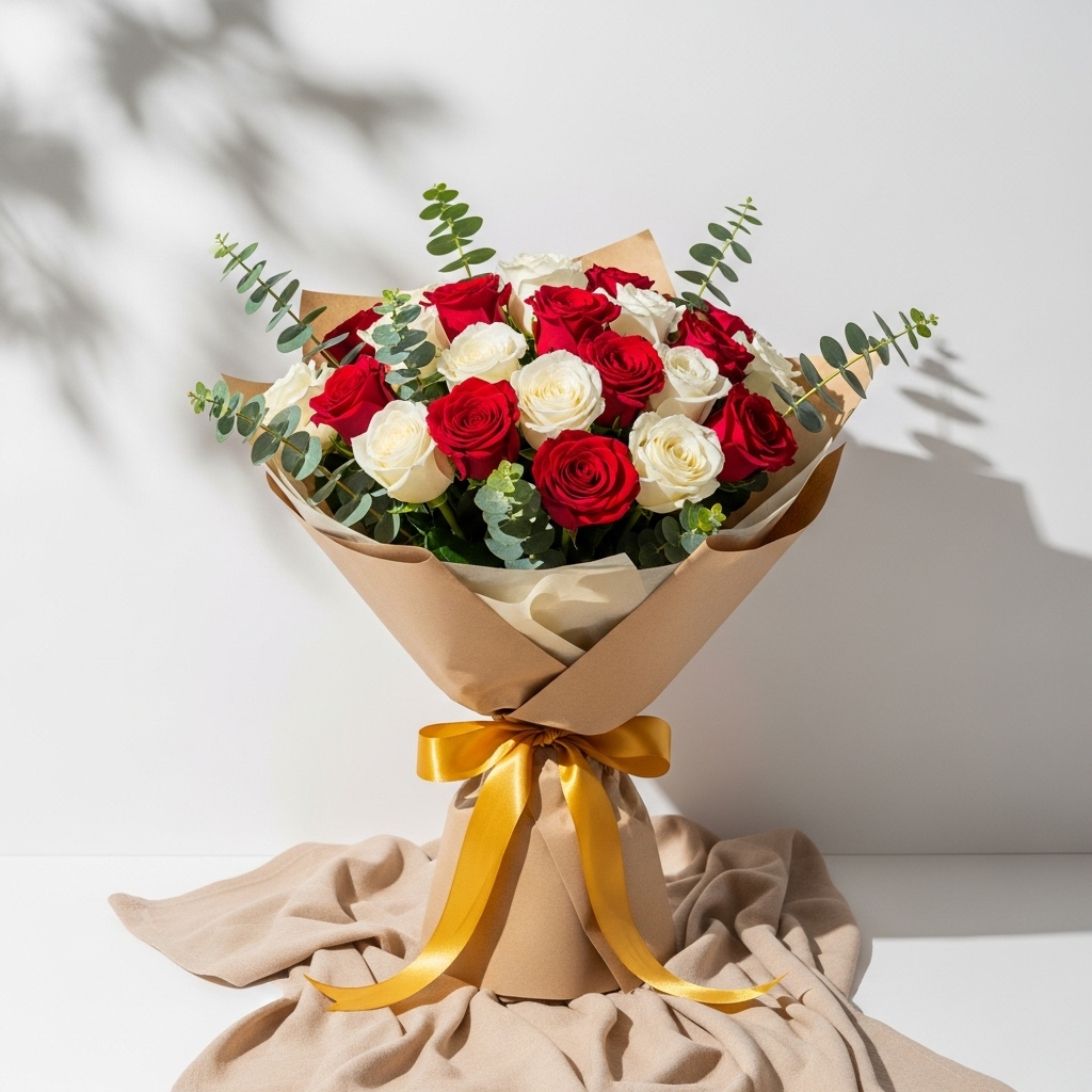 21'Li Karışık Kırmızı Beyaz Gül Buketi