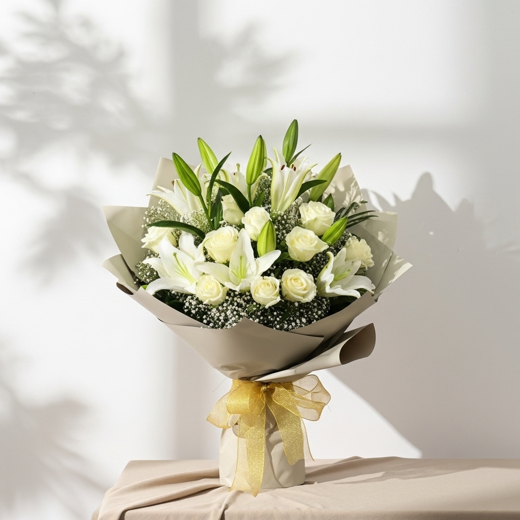 Karışık Beyaz Lilyum & Gül Buketi