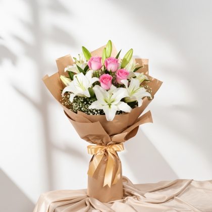 Karışık Beyaz Pembe Lilyum & Gül Buketi