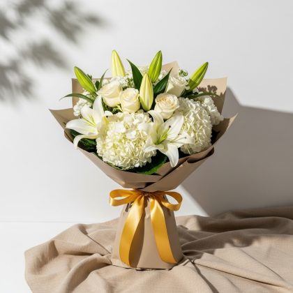 Karışık Beyaz Ortanca & Gül & Lilyum Buketi