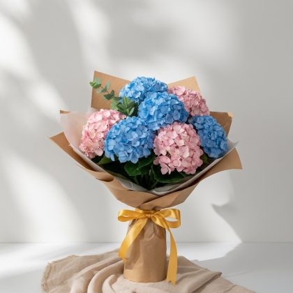 Karışık Mavi Pembe Ortanca Buketi