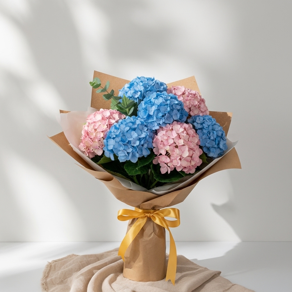 Karışık Mavi Pembe Ortanca Buketi