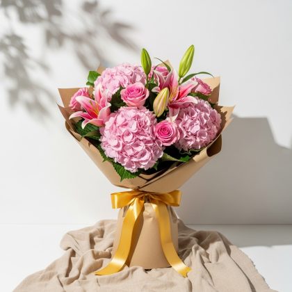 Karışık Pembe Ortanca & Gül & Lilyum Buketi