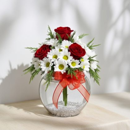 Beyaz Kırmızı Papatya & Gül Vazoda