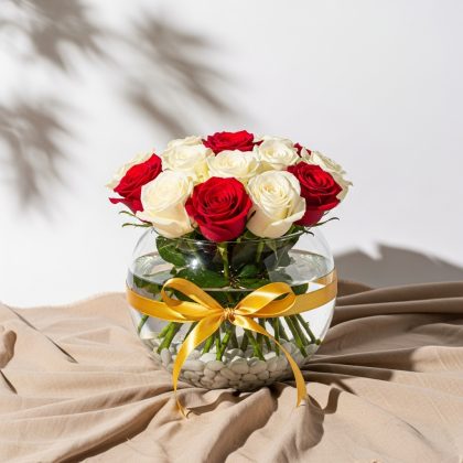 11'Li Karışık Kırmızı Beyaz Gül Vazoda
