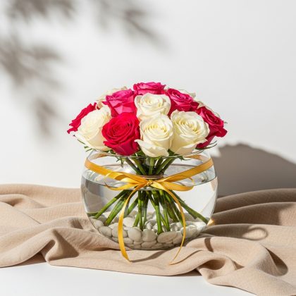 11'Li Karışık Kırmızı Pembe Beyaz Gül Vazoda