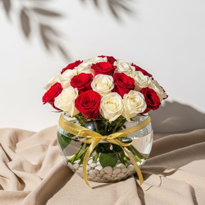 21'Li Karışık Kırmızı Beyaz Gül Vazoda