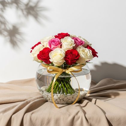 21'Li Karışık Kırmızı Pembe Beyaz Gül Vazoda