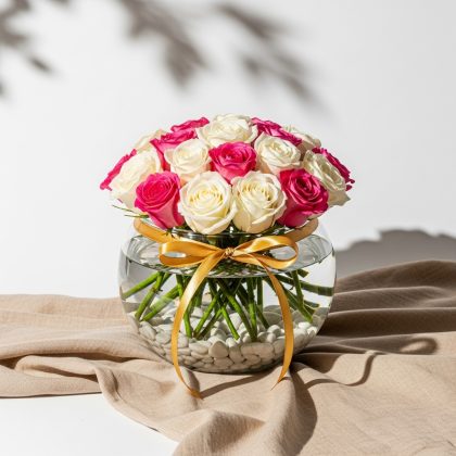 21'Li Karışık Pembe Beyaz Gül Vazoda