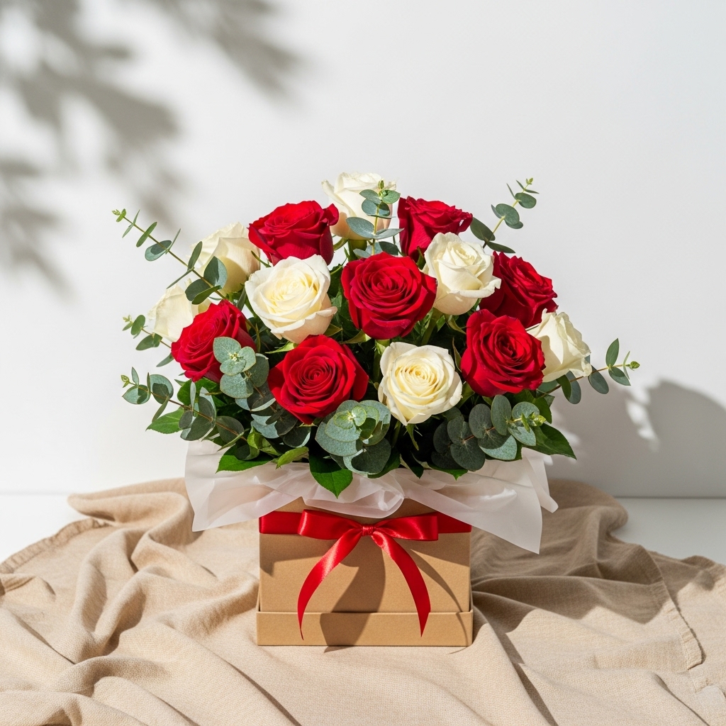 11'Li Karışık Kırmızı Beyaz Gül Kutuda