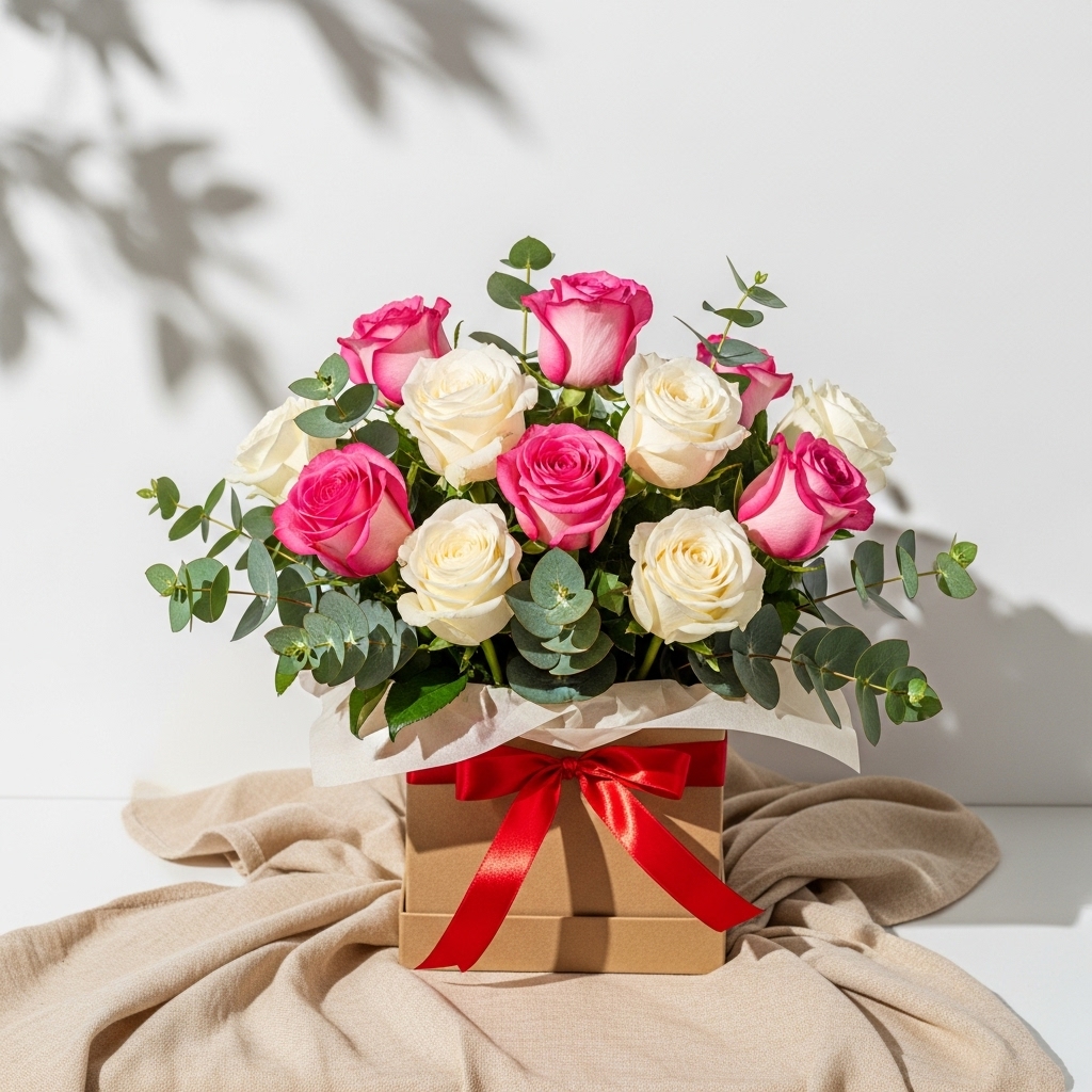11'Li Karışık Pembe Beyaz Gül Kutuda