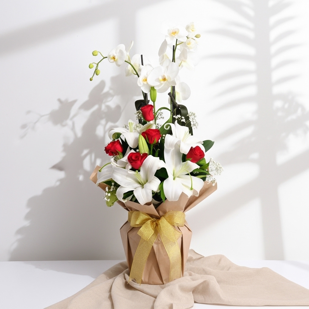 2'Li Beyaz Kırmızı Orkide & Lilyum Saksıda