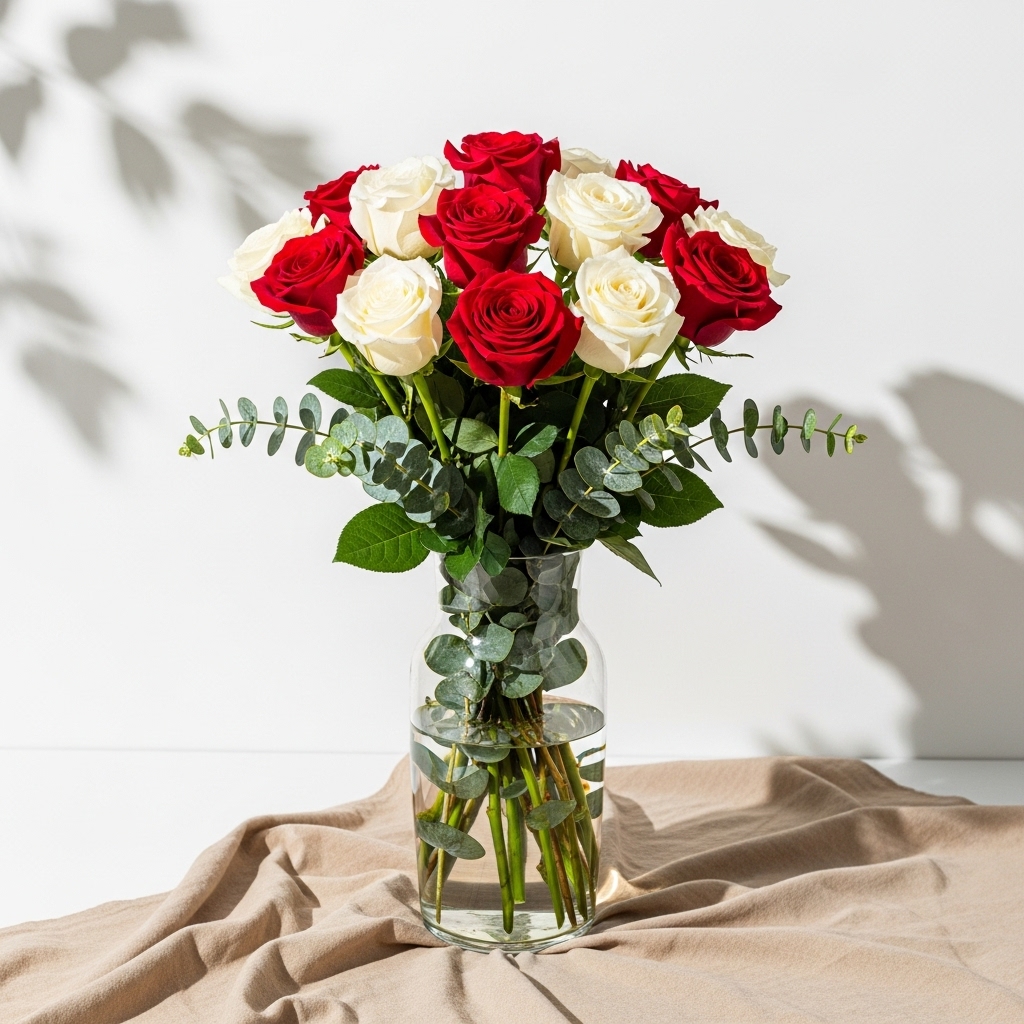 11'Li Karışık Kırmızı Beyaz Gül Vazoda